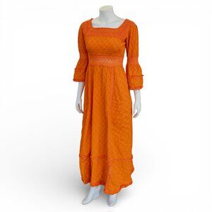 Vintage 1960s–70s Mexican Orange Cotton Pintuck Lace Maxi Dress